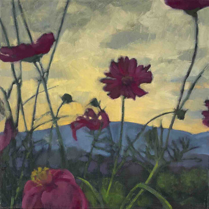 Daisy Craddock, Cosmos at Dusk, 2022. Oil on canvas, 16h x 16w in. Courtesy of Garvey | Simon