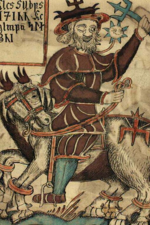 Odino che cavalca il suo cavallo a 8 zampe, Sleipnir, impugnando la sua lancia incantata Gungnir, da un manoscritto islandese del XVIII secolo, ora custodito alla Biblioteca Reale Danese