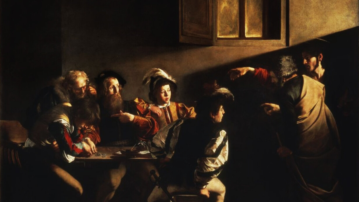 Caravaggio, Vocazione di San Matteo, 1599-1600, olio su tela, 322 x 340 cm, cappella Contarelli, chiesa di San Luigi dei Francesi, Roma