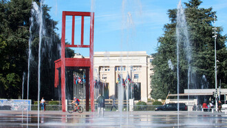 The chair that stands on the Place des Nations across the UN gate symbolizing humanity’s opposition to the use of indiscriminate weapons 