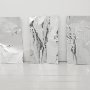 Vanessa Safavi, Bending pushing pulling lifting twisting (1,2,3), 2015, 3 aluminium sheets, plaster, 133 x 58 cm