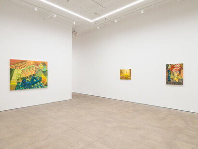 Judith Linhares, The river is moving, the blackbird must be flying, exhibition view. Courtesy of P·P·O·W 