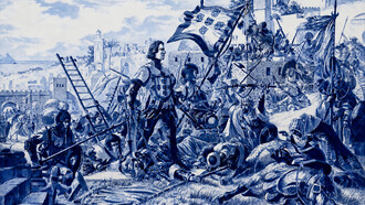 Panel of glazed tiles by Jorge Colaço depicting Prince Henry the Navigator during the conquest of Ceuta