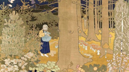 Maria Yakunchikova, Fanciulla e Leshy, pannello da parete in patchwork di cotone, lino e lana, realizzato su bozzetto dell’artista, 1899