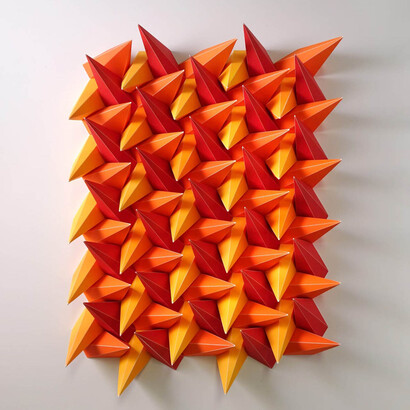 Matt Shlian, Unholy 105 warm blanket cures 9 in red. Paper, 25 x 33 x 3 inches. Courtesy of Heather Gaudio fine art