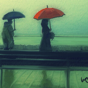 Chris Langley, Two Umbrellas (detail), Mixed Media on Canvas, 23" x 16"