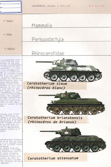 Jean-Yves Jouannais, Ceratotherium stalinum (extrait de « Histoire naturelle »), 2014, Technique mixte sur papier, 6 éléments ; chacun 42 x 29,7 cm  