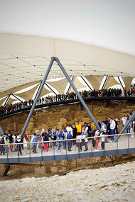 Crowd at the Göbekli Tepe archaeological site canopy, Şanlıurfa, Turkey