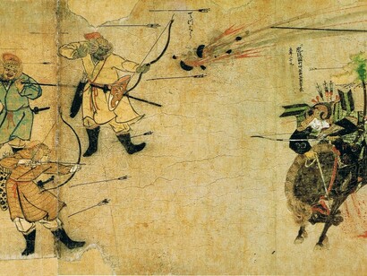 El samurái Suenaga se enfrenta a guerreros mongoles, Mōko Shūrai Ekotoba