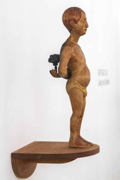 Santiago Cal, Smiling Buddha, 2014, Basswood, cherry, paint, 24.5” x 11” x 11” (with shelf)