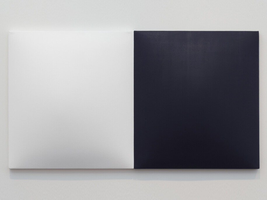Dean Levin, Untitled (Indigo & White), 2014, Hydrocal and oil on cotton, diptych, 22 x 40 inches overall
