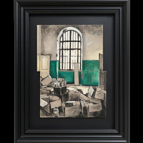 Monica Lundy, Study of Emerald Wall (Santa Maria della Pietà, Rome), 2023, gouache and charcoal on linen in wooden frame, 43.5x34.875x3.375 inches. Courtesy of the artist and Nancy Toomey Gallery
