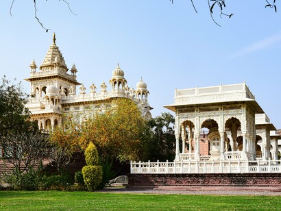 Jaswant Thada in Jodhpur, Rajasthan, India, framed by lush gardens and marble pavilions, symbolising the elegance found throughout India's historic landmarks