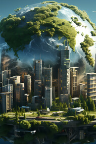 A visionary depiction unfolds, revealing a technologically advanced Earth adorned in lush greenery, free from the impacts of climate change, providing a glimpse into a sustainable and environmentally harmonious future, designed by Freepik