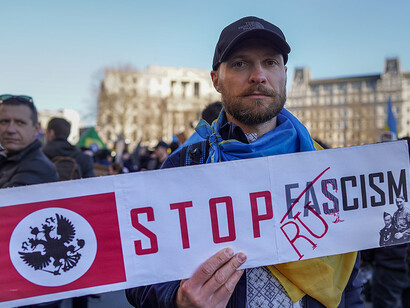 A photo of a pro-Ukraine protest held in Trafalgar Square, London, UK