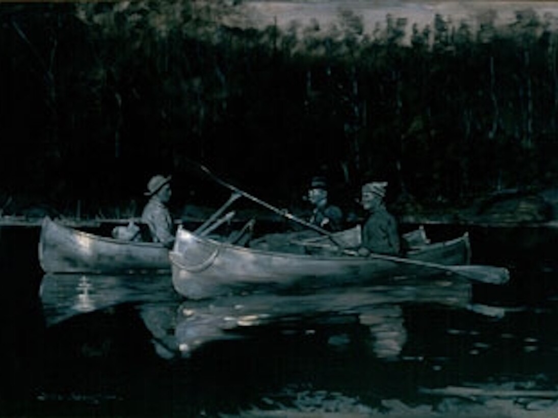 Down the River on a Golden Morning, Frederic Remington, 1896, oil on canvas, 27 1/8 x 40 1/8 inches, American, 1861–1909. Gift of George Hood Helmer and Hamilton Wright Helmer in memory of their great great uncle George Murray Wright, Class of 1874, Trustee.