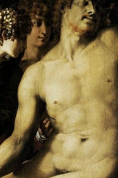 "El Cristo muerto con ángeles", Rosso Fiorentino, óleo sobre lienzo, 1525-1526