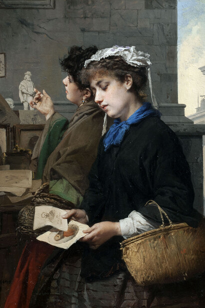 Domenico Induno, Vecchia Milano, Il banco dell'antiquario, olio su tela 40 x 32 cm