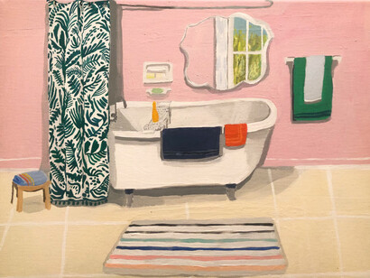Polly Shindler, Pink Bathroom With Clawfoot Tub (detail), 2020. Acrylic on canvas, 11 x 14 inches. Courtesy of Kenise Barnes Fine Art