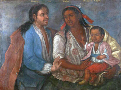 Cristobal Lozano y taller, N°16 Mestizo con Yndia. Producen Cholo, 1771-1776. De la serie Los cuadros del mestizaje del Virrey Amat