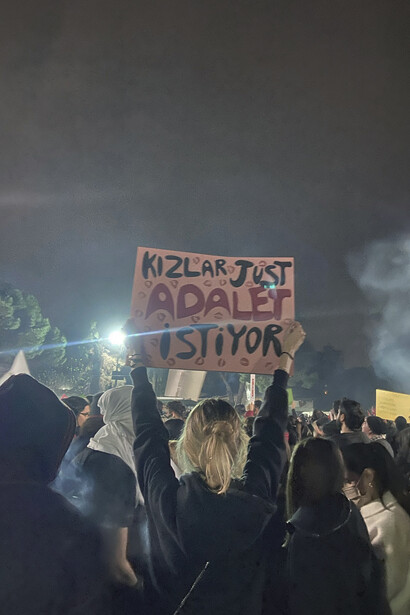 People held banners during protests in Turkey in March 2025, following the arrest of the mayor of Istanbul