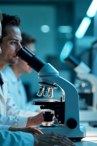 Scientists analyzing microscopic specimens alongside digital biological models, representing the future of precision medicine