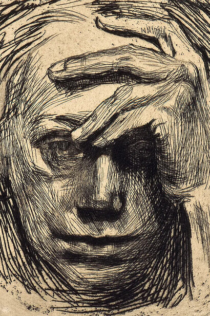 Käthe Kollwitz, Selbstbildnis mit der hand an der stirn (detail), 1910. Courtesy of Kunstsammlungen Chemnitz