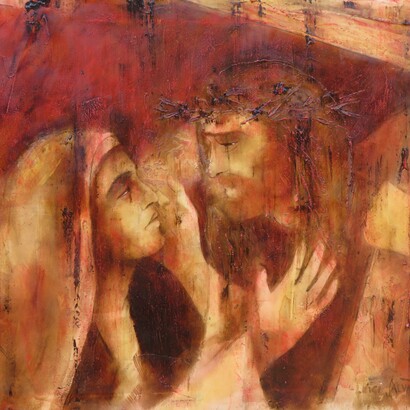 Luigi Salvatori, Gesù incontra la Madre sulla via della Croce, acrilico su tela, 60x80 cm, 2025