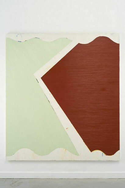 Shaan Syed, Stage Left to Stage Right (Dark Rust Horizontal to Light Mint Diagonal), 2014, 75 x 67 in (190.5 x 170)