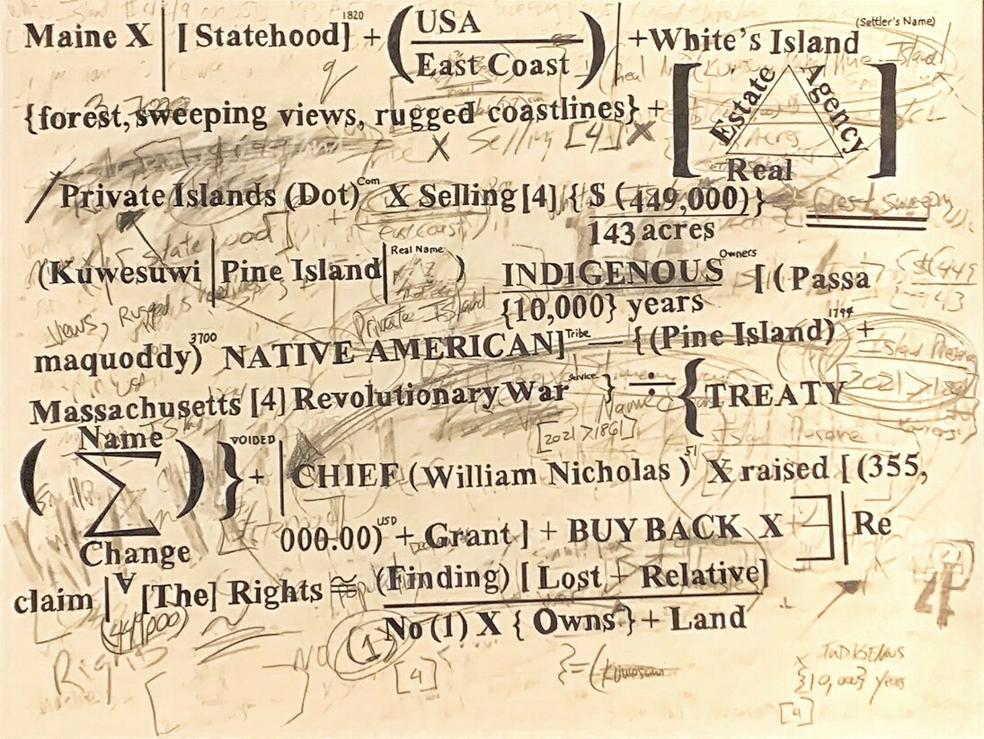 Gabriel Delgado, Native American Island Buy-Back, 2021, Ink, Chalk, Graphite on Paper, 22x30 in 