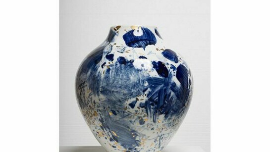 Chu Teh-Chun, Vase No. 24, 2007, porcelain, hand painted by the artist with gold highlights, unique, 14 x 11 x 11 inches