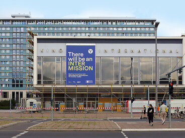 View of Kino International on Karl-Marx-Allee in Berlin-Mitte during renovation, Germany