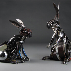 Jud Turner, ‘Blackberry the Rabbit’ (left), Welded machinery and tools, 41 x 36 x 26 cm and ‘Silver the Rabbit’ (right), Welded machinery and tools, 51 x 31 x 26 cm