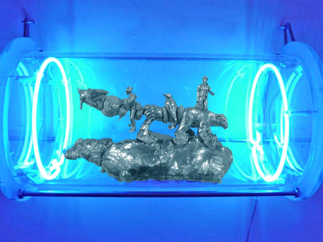 Enrico T. De Paris, H.F.E.A., 2011, diameter 30 x 54 cm, polyurethane, synthetic paint, pvc, neon light, adhesive hybrid polymer, plexiglas case