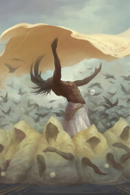 Painting of a male figure performing a ritual dance with crows, wearing a cloak