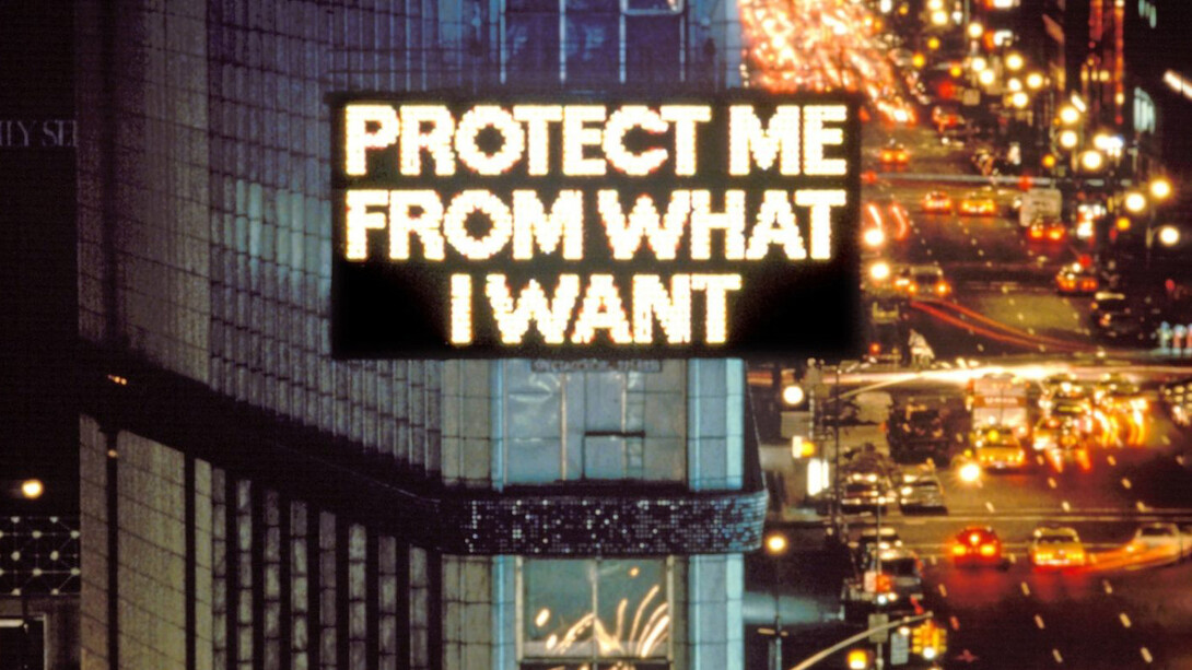 Jenny Holzer, Protect me from what I want, de la serie Survival (1983–85), 1985, Times Square, Nueva York, Estados Unidos