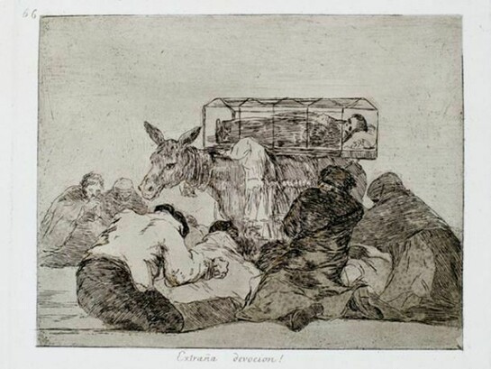 Francisco Goya. Extraña devocion! (Strange Devotion!) from The Disasters of War, ca. 1813-14 (1st edition, printed 1863). Etching and burnished aquatint, 6 7/8 x 8 11/16 in. Pomona College Museum of Art, Gift of Mr. Norton Simon, P74.59