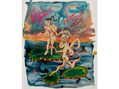 Sarah Fuhrman, Blah Blah Blah, Gurgle, Gurgle,Gurgle, 2022, mixed media on yupo, 18.5x15 inches. Courtesy the artist and Space 776 Gallery