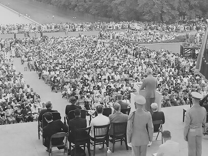 President Truman addresses the closing session of the 38th annual conference of the National Association for the Advancement of Colored People at Lincoln Memorial in Washington, D. C., the USA