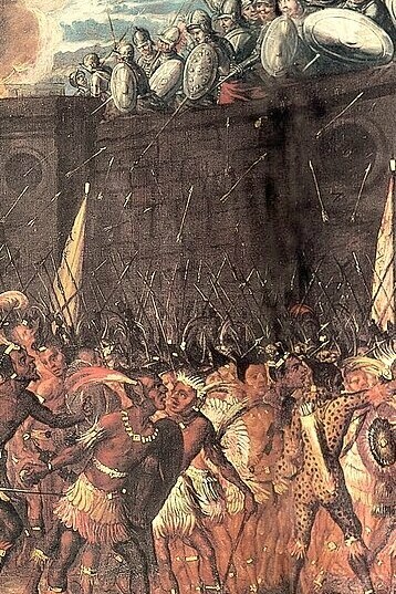 "La muerte de Moctezuma a manos de su propia gente", óleo sobre lienzo, anónimo, segunda mitad del siglo XVII