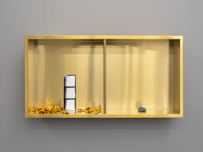 Alexander Shchurenkov, Untitled (Portrait of Two), 2024.
Brass, photograph, jade, golden confetti. Courtesy of the artist and Fragment Gallery