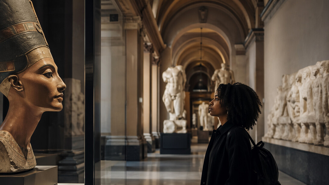 Uma visitante observa o busto de Nefertiti em uma galeria europeia: símbolo de beleza e poder, a peça também representa o debate sobre a permanência de patrimônios retirados de seus contextos originais