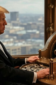 A rendition of President Donald Trump with an art-deco-styled machine