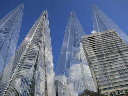 "Fractured Visions: Multiplicities", Tamiko Thiel, Augmented Reality installation, 2014. Image of The Shard surrounded by ghosted multiples of itself. King's College Guy's Campus, Boland House courtyard, by London Bridge at the base of The Shard