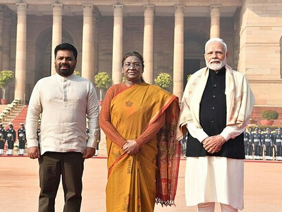The President of India, Smt. Droupadi Murmu and PM attend the Ceremonial welcome of the President of the Democratic Socialist Republic of Sri Lanka, Mr. Anura Kumara Dissanayake at Rashtrapati Bhawan, in New Delhi on December 16, 2024