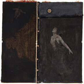 Bruce Conner, Untitled (Pearl Necklace), October 9 1958, mixed media assemblage, with paint, silk, photo collage and pearls, 11 5/8 X 11 3X16 X 1/2 inches