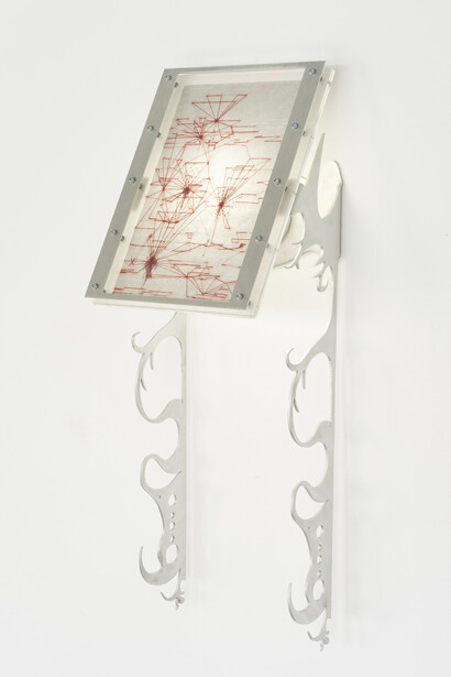 Xin Liu, Fortune Tellers: Menophania, 2023, artist’s DNA data printed on rice paper, thread, acrylic, ink, aluminum, LED lights, latex, and steel, 24 x 8½ x 7½ inches. Courtesy of the artist and Make Room, LA 