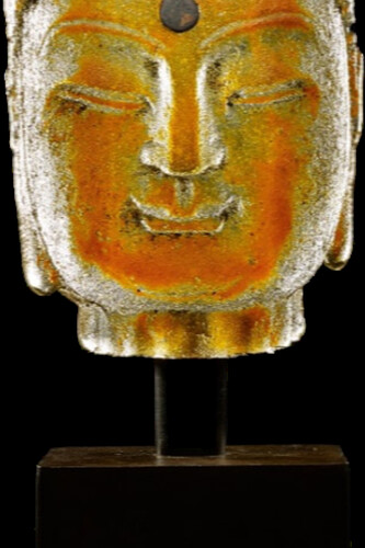 Marlene Rose, Orange stone Buddha, 2021, sand cast glass & steel, 20x6x6 inches
