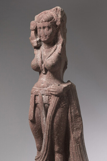 This powerful figure represents the ideal of the young mother, embodied as a nature goddess associated with birth and nourishment. Her stance, with weight evenly distributed on both feet, suggests that the statue was an object of worship. The elaborate headdress, well preserved at the back, along with her rich adornment of jewels and ornaments, symbolizes wealth and abundance, which in turn signify prosperity, Cleveland Museum of Art ,USA
