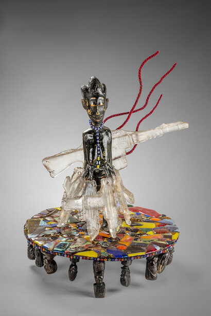 War Woman II, 2014, African sculpture, fused and painted mosaic glass, glass/plastic beads, wire, thread, metal keys and cast glass guns
25 x 18 x 18 inches (63.5 x 45.7 x 45.7 cm)
Image courtesy of the artist and Peter Blum Gallery, New York
 